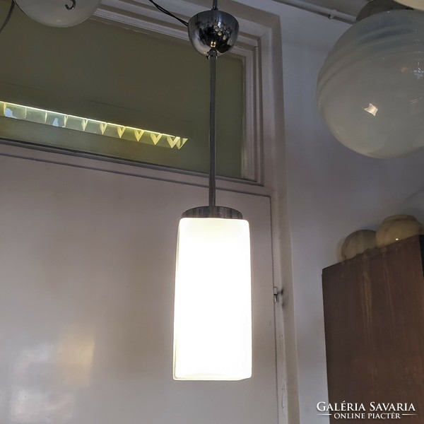 Bauhaus - Art deco nikkelezett mennyezeti lámpa trió felújítva - matt tejüveg "tégla" búra