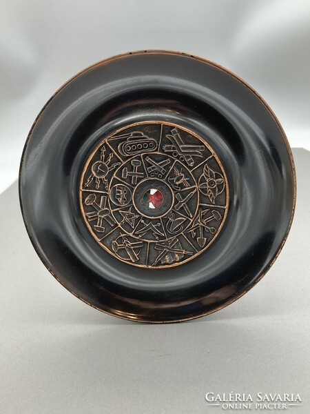 Rare social real, socialist metal decorative bowl with fire enamel inlay, in its original gift box