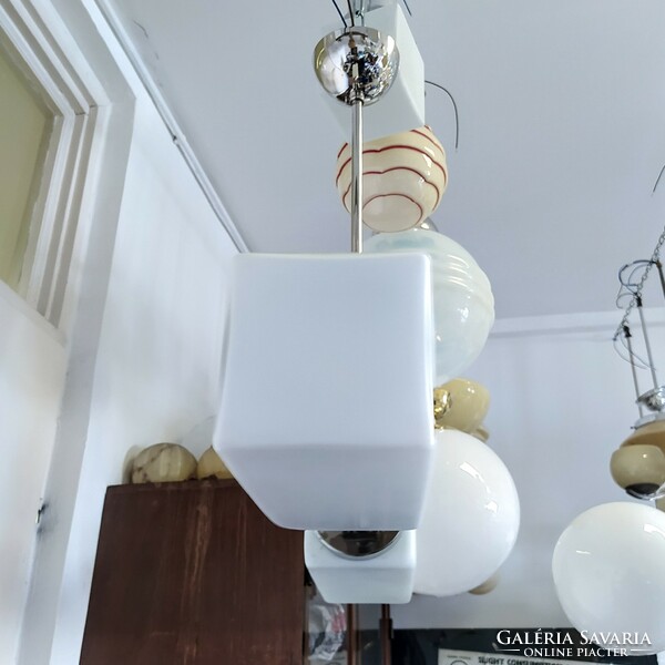 Bauhaus - Art deco nikkelezett 2 égős csillár felújítva - matt tejüveg "tégla" búra
