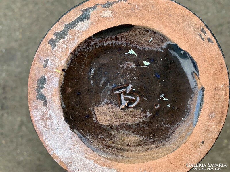 Marked ceramic face vase with ears, signature: ts. Sandor Tóth?