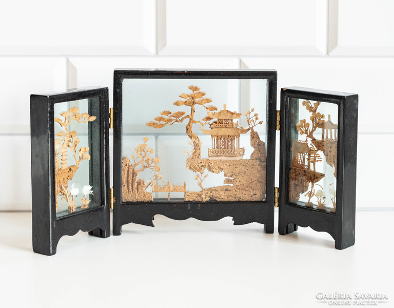 Handmade Chinese / Japanese cork landscape in screen form - miniature carving, stained glass