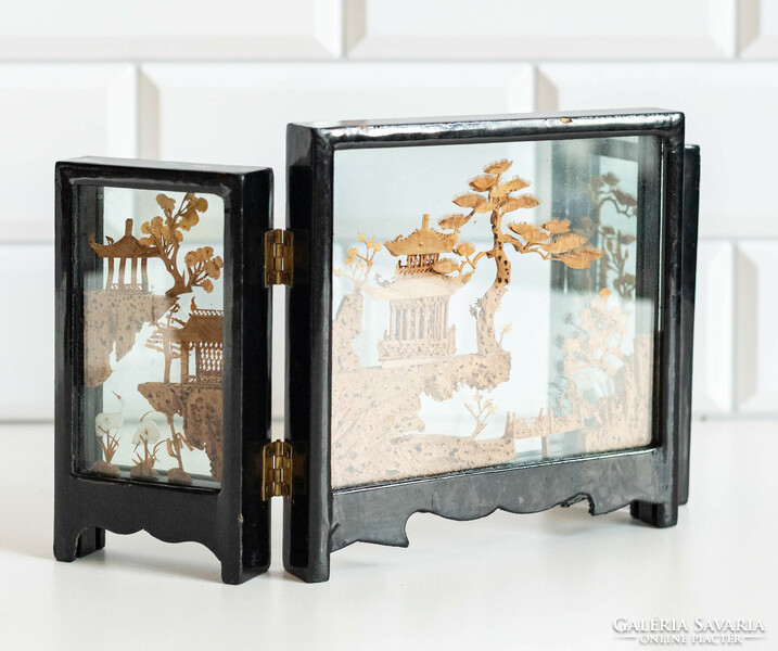 Handmade Chinese / Japanese cork landscape in screen form - miniature carving, stained glass