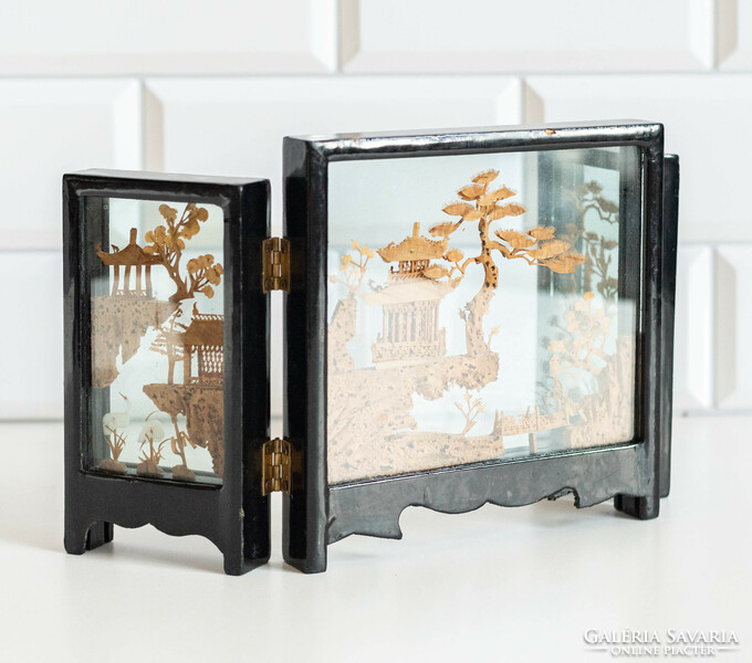 Handmade Chinese / Japanese cork landscape in screen form - miniature carving, stained glass