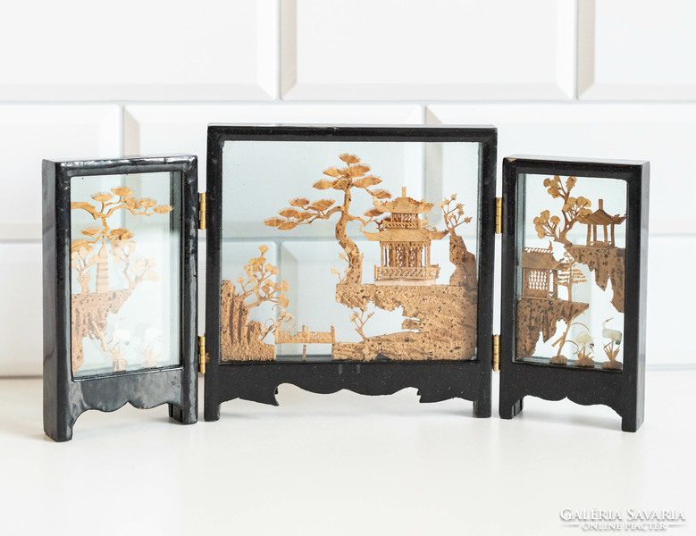 Handmade Chinese / Japanese cork landscape in screen form - miniature carving, stained glass