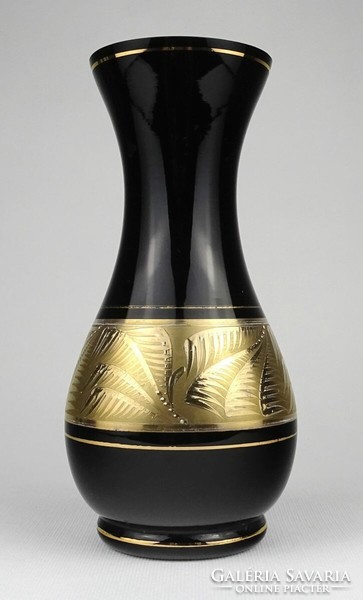 1Q032 mid century gilded black glass vase 20 cm