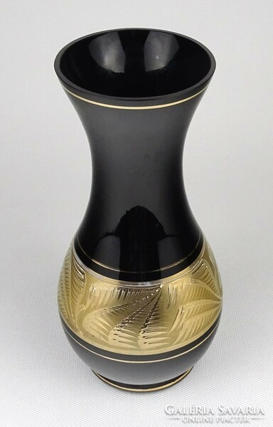 1Q032 mid century gilded black glass vase 20 cm