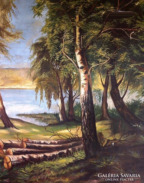 Waterside forest section with a narrow path, large antique oil-on-canvas painting signed, framed
