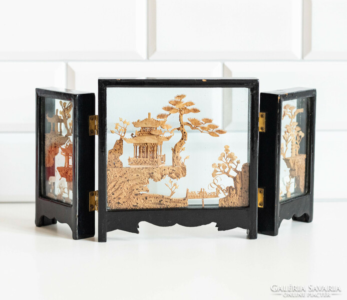 Handmade Chinese / Japanese cork landscape in screen form - miniature carving, stained glass