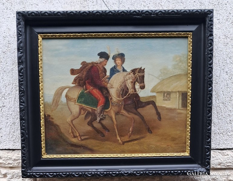 Antik Biedermeier lovas Nemes úr, hölgy tájkép 1800-as évek Dísz magyar mente