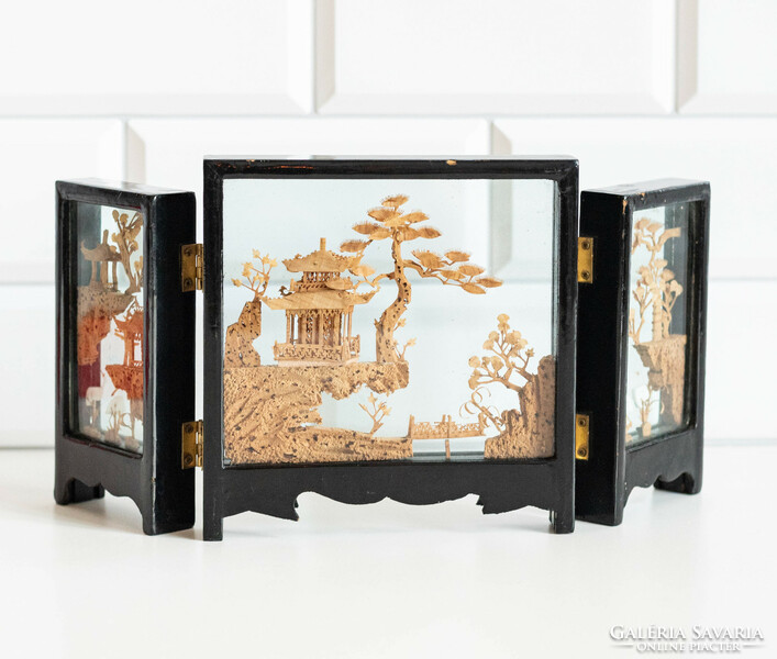 Handmade Chinese / Japanese cork landscape in screen form - miniature carving, stained glass