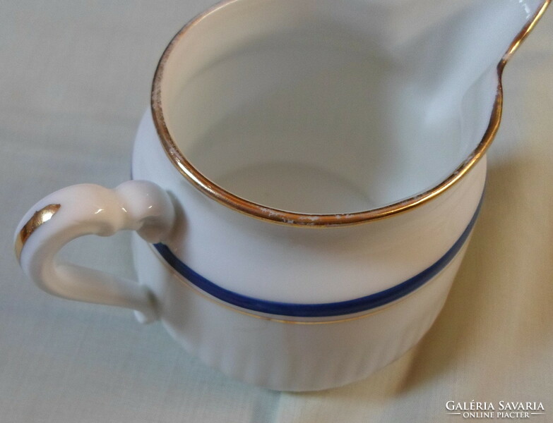 Antik porcelán teás szervírozók: kiöntő, cukortartó (kék-arany csíkos)