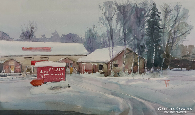 Tibor Bálinth: in the middle of the winter (20cm x 32.5cm watercolor, paper-250 gr) winter scene
