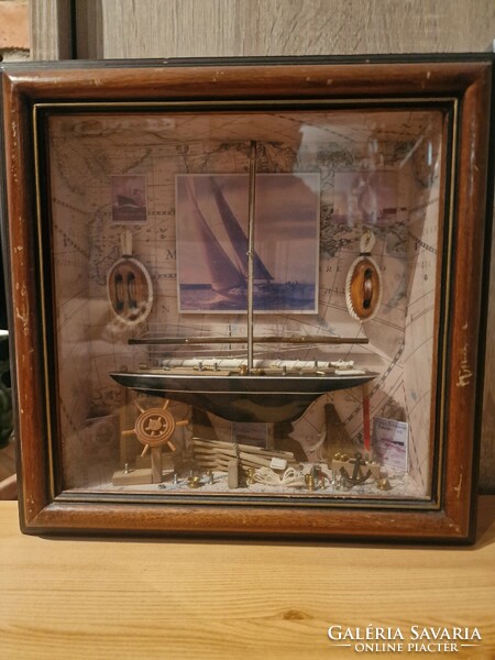 Kézzel készitett Fa vázas hajó makett 3D kollázs