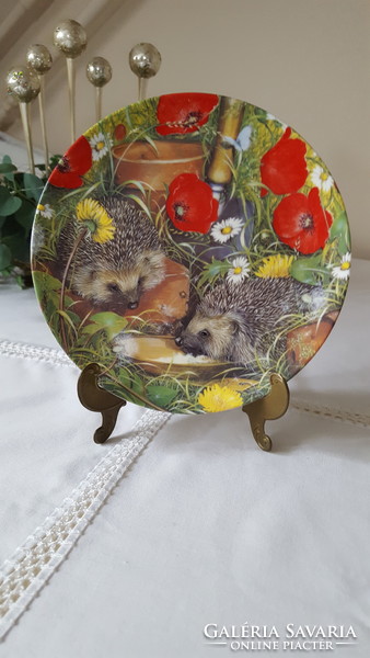 Porcelain wall plate with English hedgehog and poppies, decorative plate