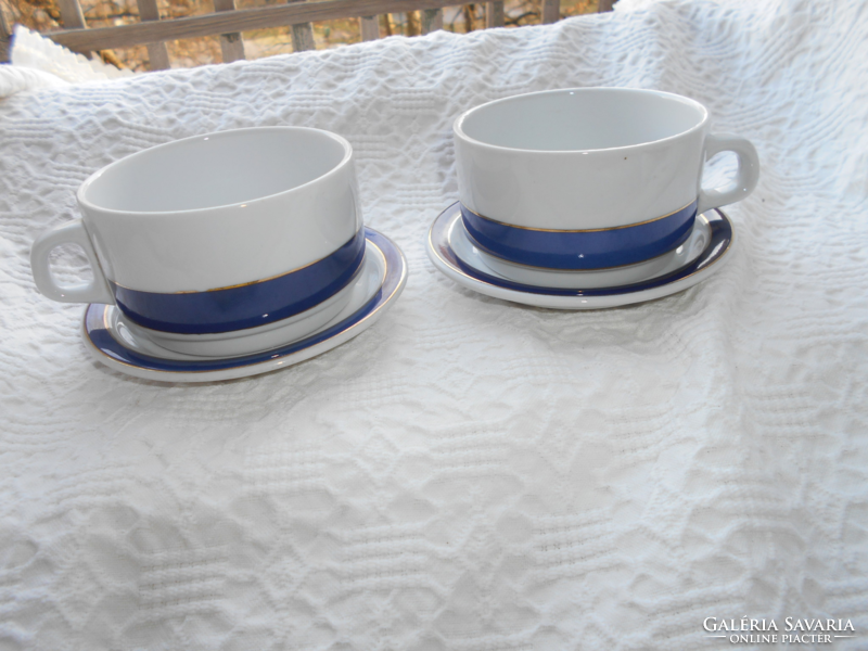 2 retro lowland thick porcelain cups + plates (1200 ft/piece) with blue-gold decoration