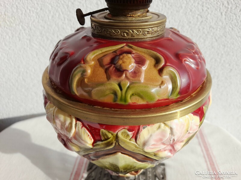 Art Nouveau table kerosene lamp, majolica, purple tulip shade