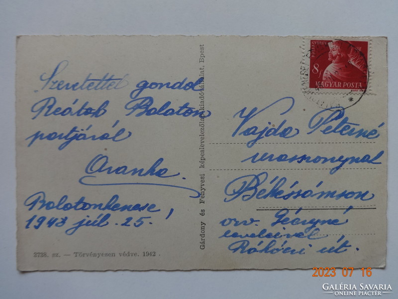 Old postcard: Balatonkenese, sailboats (1948)