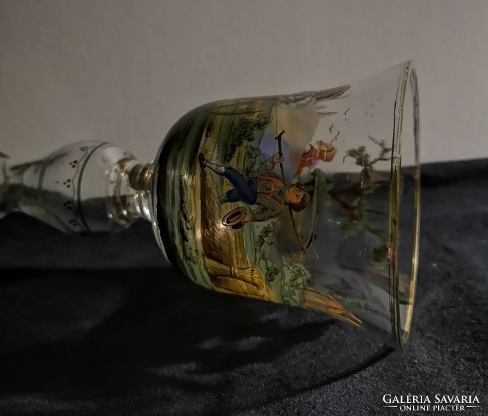 Antique, 19th century. Glass goblet and glass with panoramic painting. Large, approx. 1860. Flawless!