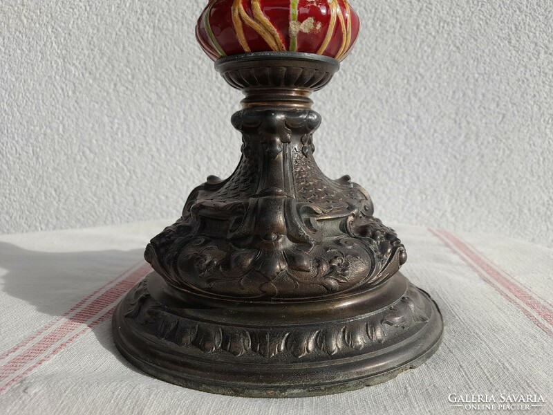 Art Nouveau table kerosene lamp, large, majolica, with a rare special tulip shade