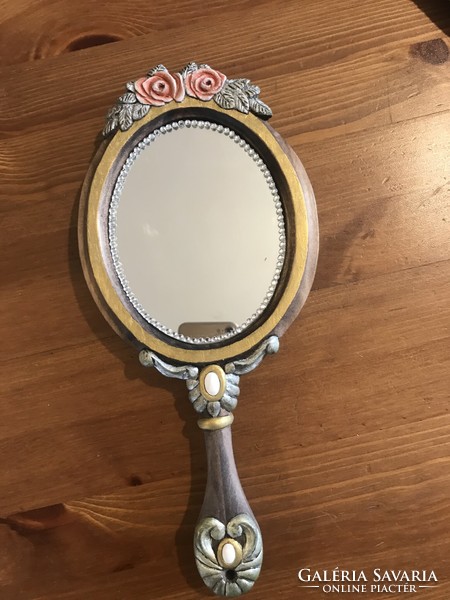 Hand-held mirror toilet pin round wooden mirror, carved frame baroque rococo rose carving women's mirror antique