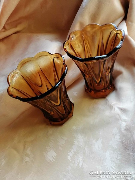 Pair of amber-colored, thick glass vases