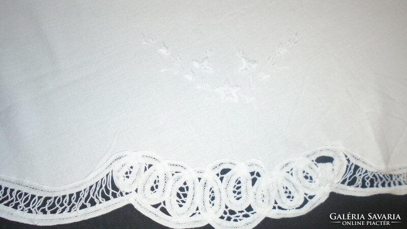 Beautiful large snow-white antique needlework beaten lace tablecloth oval