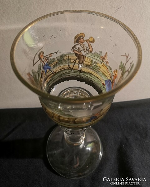 Antik, XIX-ik század. Panoráma festésü üveg kehely, pohár. Nagyméretű, Cca. 1860. Hibátlan!