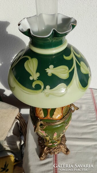 Art Nouveau table kerosene lamp, large, majolica, reading shade, everything original