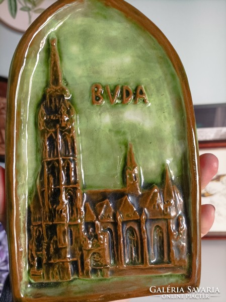 Nice glazed ceramic plaque, ornament, with Buddha inscription, 19 cm high
