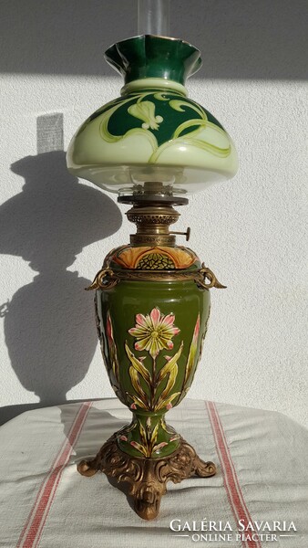 Art Nouveau table kerosene lamp, large, majolica, reading shade, everything original