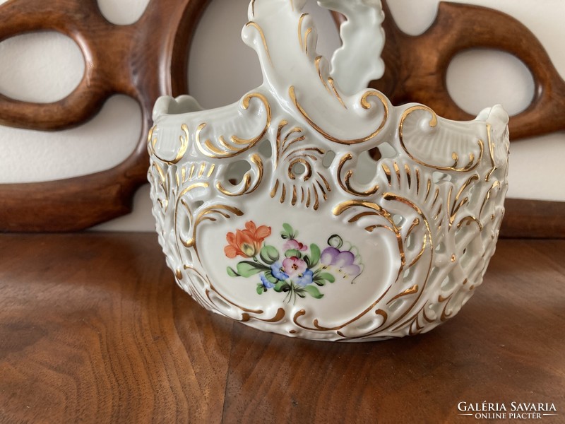 Large Herend flower pattern porcelain basket