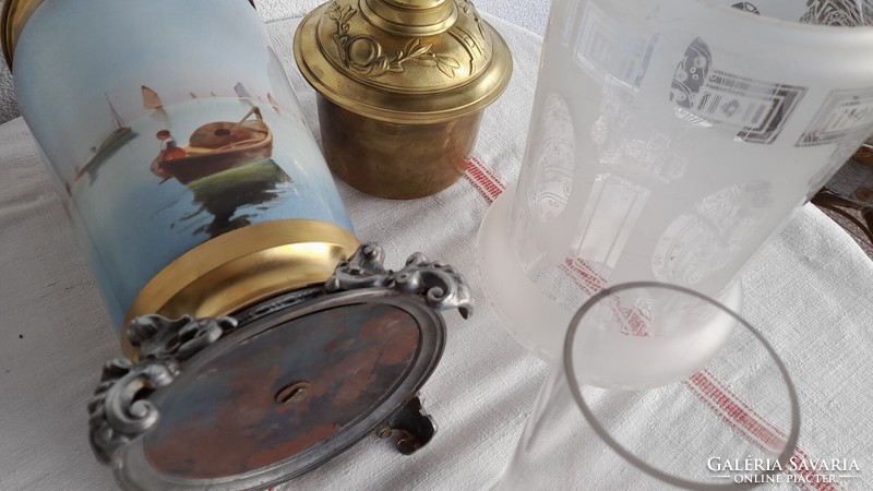 Szecessziós asztali petróleumlámpa, nagyméretű, fém, üveg, eredeti rajta minden