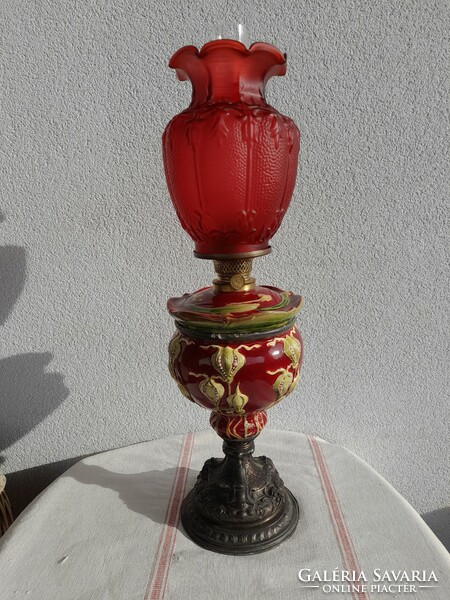 Art Nouveau table kerosene lamp, large, majolica, with a rare special tulip shade