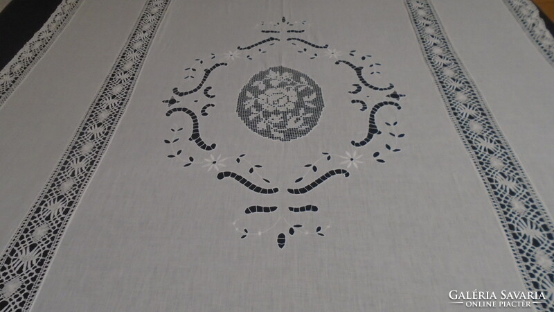 Beautiful snow-white antique handwork beaten lace bedspread tablecloth