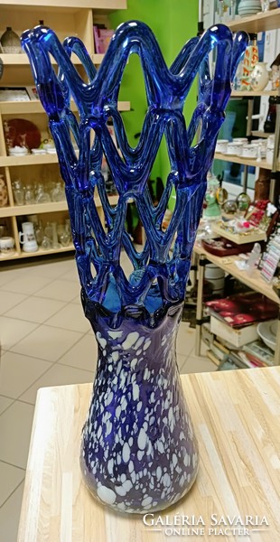 Large cobalt blue openwork vase of broken huta
