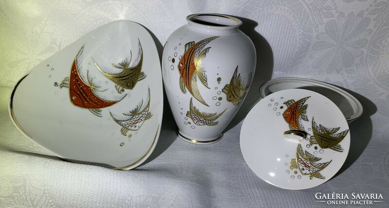 1764 Wallendorf goldrelief fish porcelain set - bonbonier/sugar bowl small vase German retro