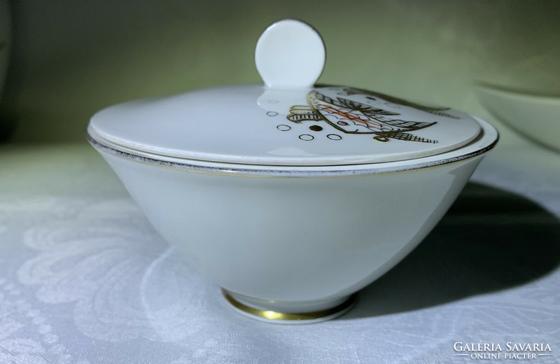 1764 Wallendorf goldrelief fish porcelain set - bonbonier/sugar bowl small vase German retro