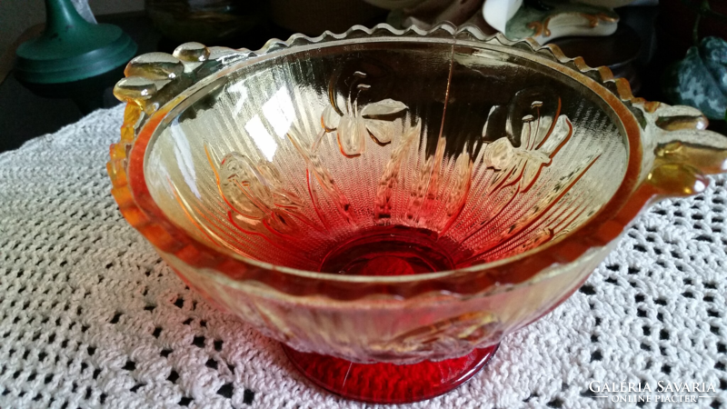 Old antique-style red-yellow pressed glass serving bowl with flower pattern, bowl, 15.5 x 8 cm