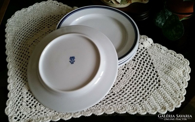 Ritka, 4 db Zsolnay porcelán süteményes tányér dupla kék csíkkal, 19  cm