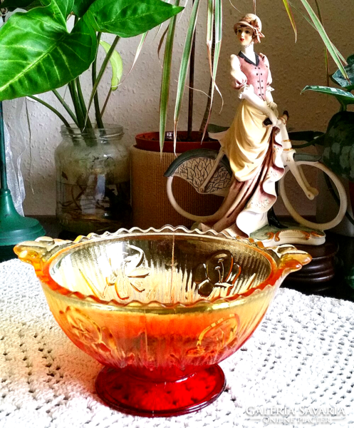 Old antique-style red-yellow pressed glass serving bowl with flower pattern, bowl, 15.5 x 8 cm