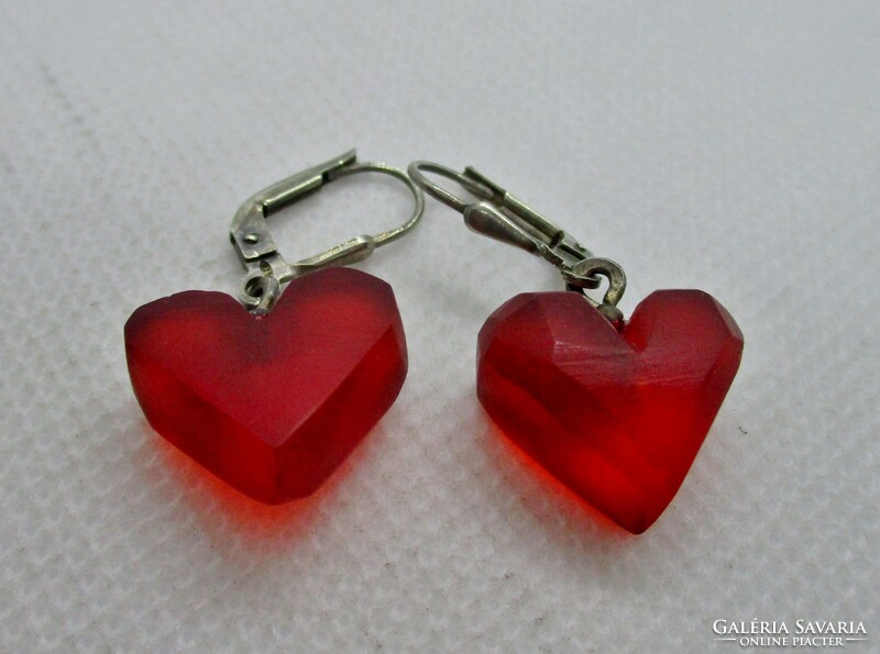 Beautiful old handmade silver earrings with red cast glass hearts