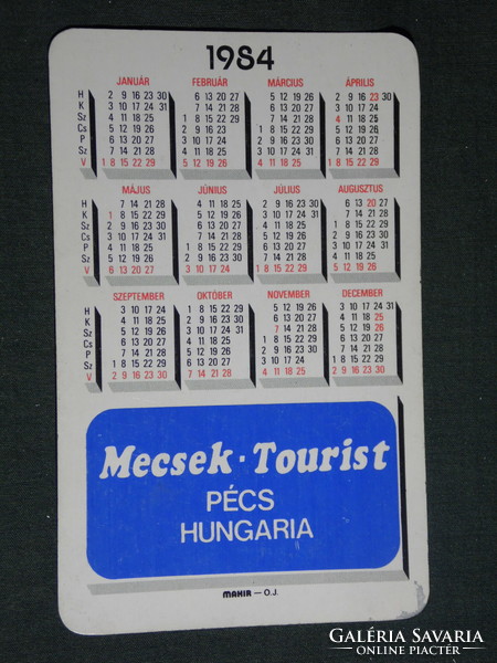 Kártyanaptár, Mecsek tourist utazási iroda, Pécsi Tó Orfű kemping,1984,   (4)