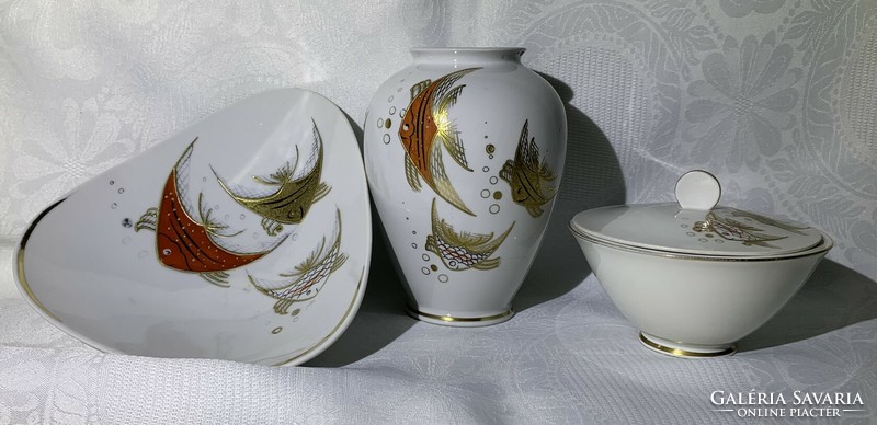 1764 Wallendorf goldrelief fish porcelain set - bonbonier/sugar bowl small vase German retro