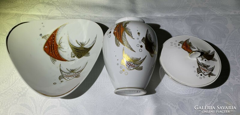 1764 Wallendorf goldrelief fish porcelain set - bonbonier/sugar bowl small vase German retro