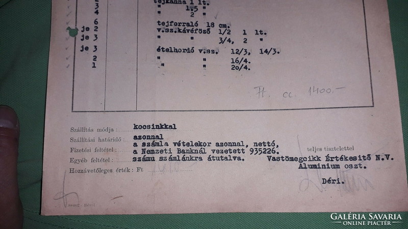 1940 cc. VASTÖMEGCIKK ÉRTÉKESÍTŐ NEMZETI VÁLLALAT BUDAPEST kereskedelmi számla a képek szerint