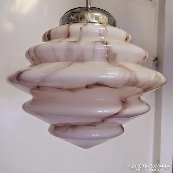 Art deco - Streamline mennyezeti lámpa felújítva - különleges formájú márványozott rózsaszín búra
