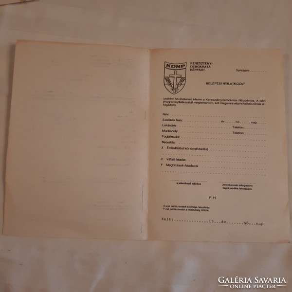 Kereszténydemokrata Néppárt "Belépési nyilatkozat"  2 darab   1990.