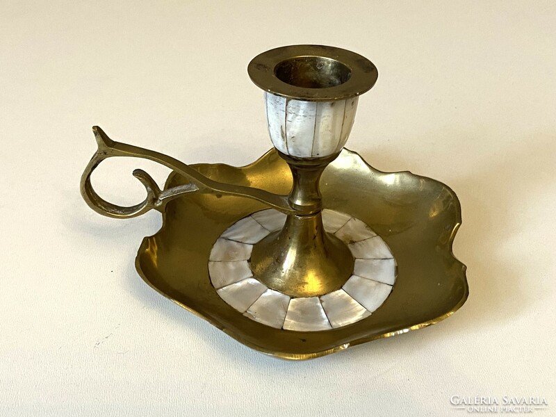 Retro gold-colored base, copper candle holder with ears, mother-of-pearl decoration, 14 cm wide