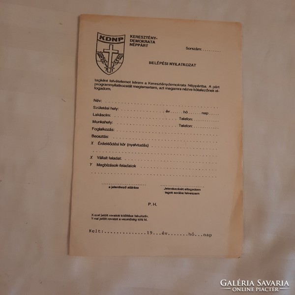 Kereszténydemokrata Néppárt "Belépési nyilatkozat"  2 darab   1990.