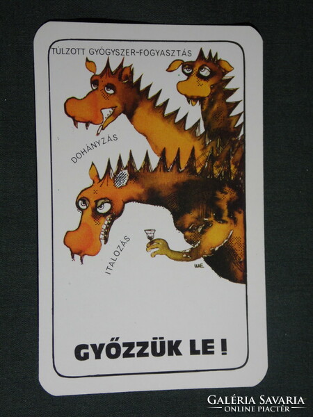 Kártyanaptár, Magyar vöröskereszt, egészségmegelőzés, grafikai rajzos, humoros, sárkány 1983,   (4)